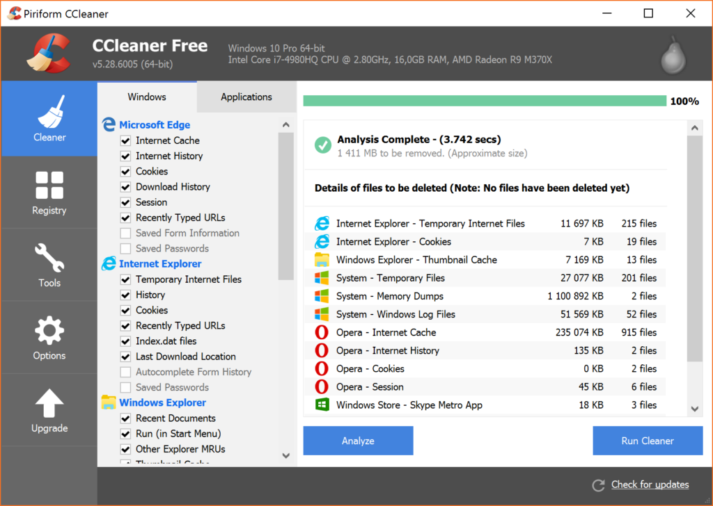 CCleaner results - It created 1.4Gb of free disk space.